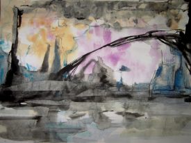 Aquarell - auf den ersten Blick abstrakt, vllt. auch eine Skyline mit Brücke